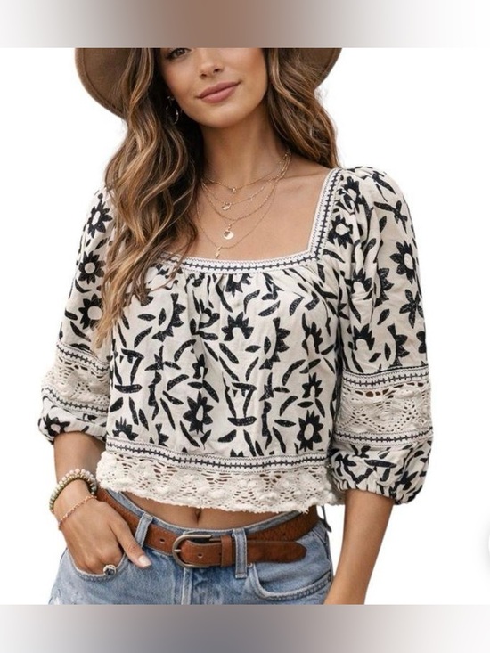 Christian Siriano Tops - Christian Siriano Cream Blouse with Black Floral Motif and Crochet Trim